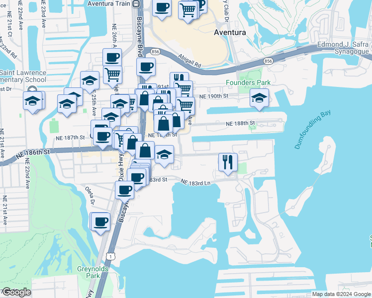 map of restaurants, bars, coffee shops, grocery stores, and more near 2757 Northeast 184th Way in Aventura