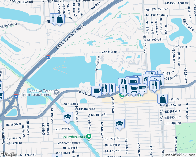 map of restaurants, bars, coffee shops, grocery stores, and more near 18555 Northeast 14th Avenue in North Miami Beach