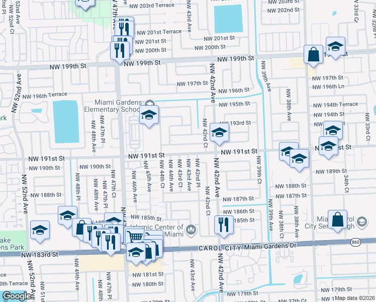 map of restaurants, bars, coffee shops, grocery stores, and more near 19030 Northwest 43rd Avenue in Miami Gardens