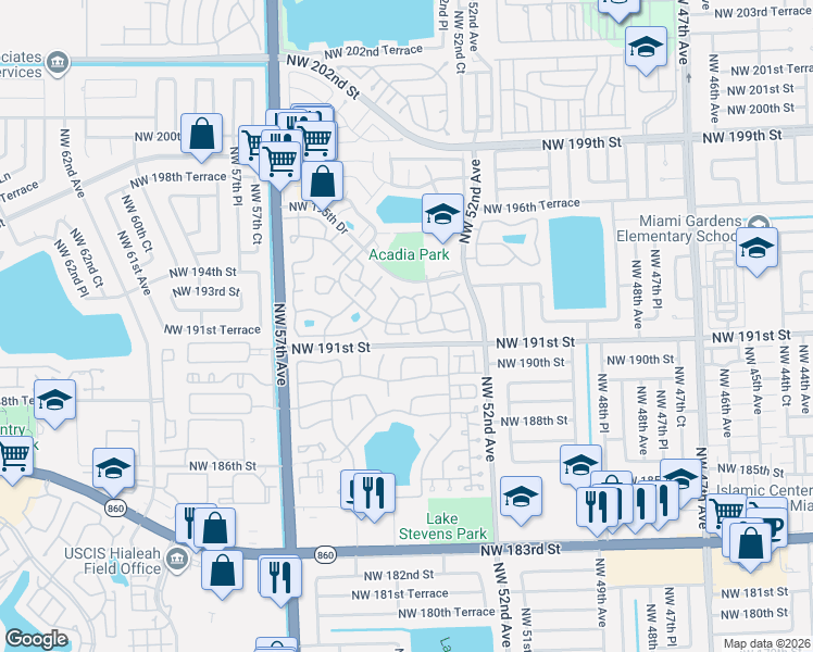 map of restaurants, bars, coffee shops, grocery stores, and more near 5292 Northwest 192nd Lane in Miami Gardens