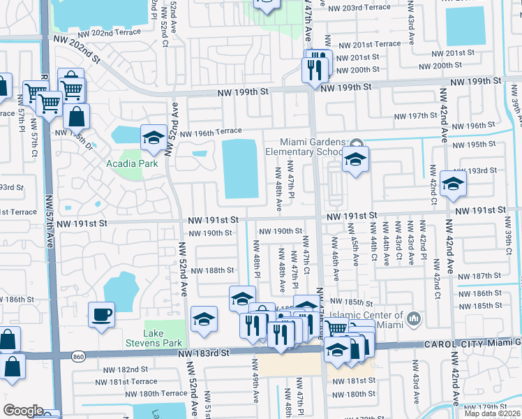 map of restaurants, bars, coffee shops, grocery stores, and more near 4865 Northwest 191st Street in Miami Gardens