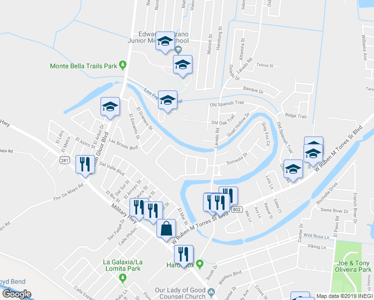 map of restaurants, bars, coffee shops, grocery stores, and more near 1228 Costa Del Sol Drive in Brownsville