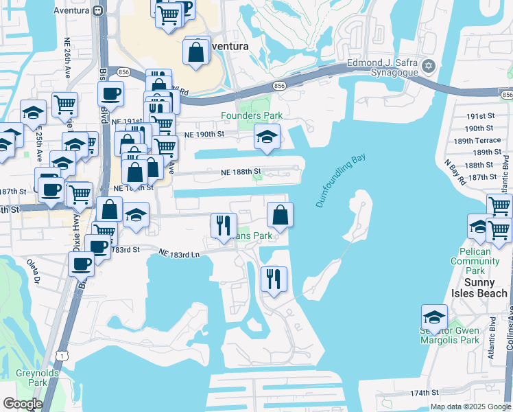 map of restaurants, bars, coffee shops, grocery stores, and more near 3165 Northeast 184th Street in North Miami Beach