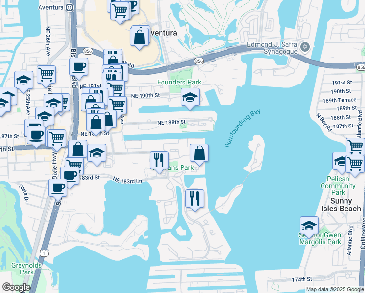 map of restaurants, bars, coffee shops, grocery stores, and more near 3235 Northeast 184th Street in Miami