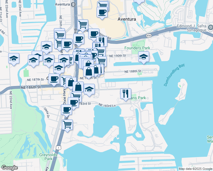 map of restaurants, bars, coffee shops, grocery stores, and more near 2104 Northeast 185th Street in Aventura