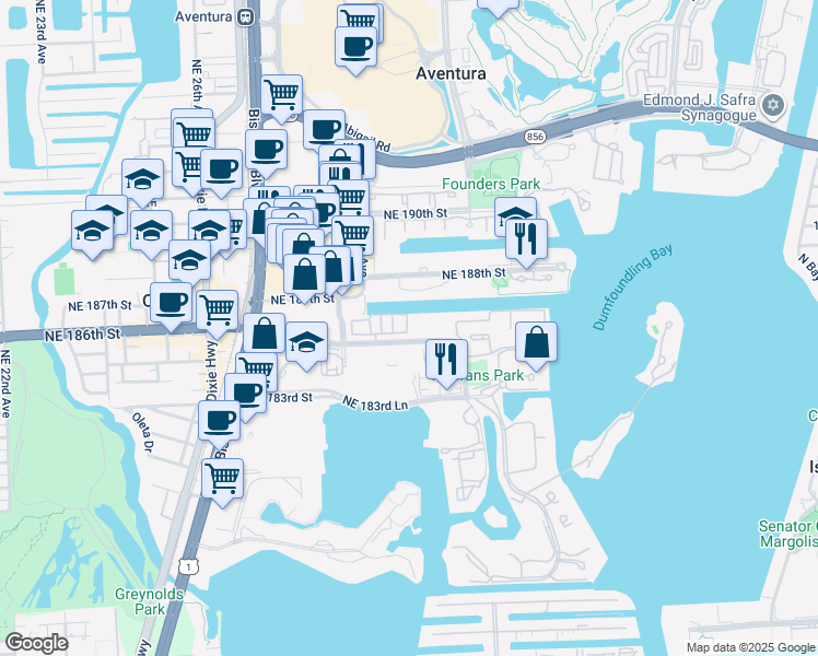 map of restaurants, bars, coffee shops, grocery stores, and more near 18480 Northeast 30th Avenue in Aventura