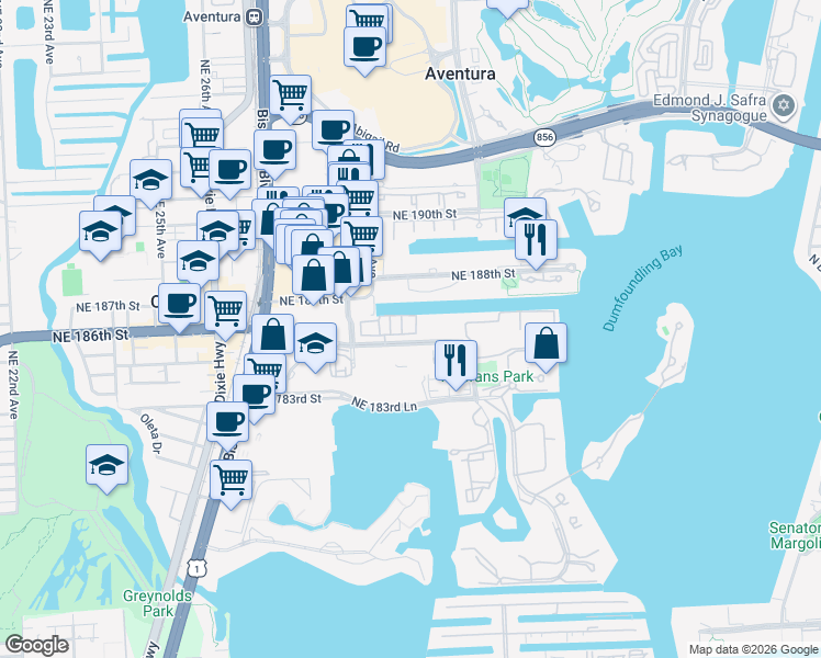 map of restaurants, bars, coffee shops, grocery stores, and more near 18480 Northeast 30th Avenue in Aventura