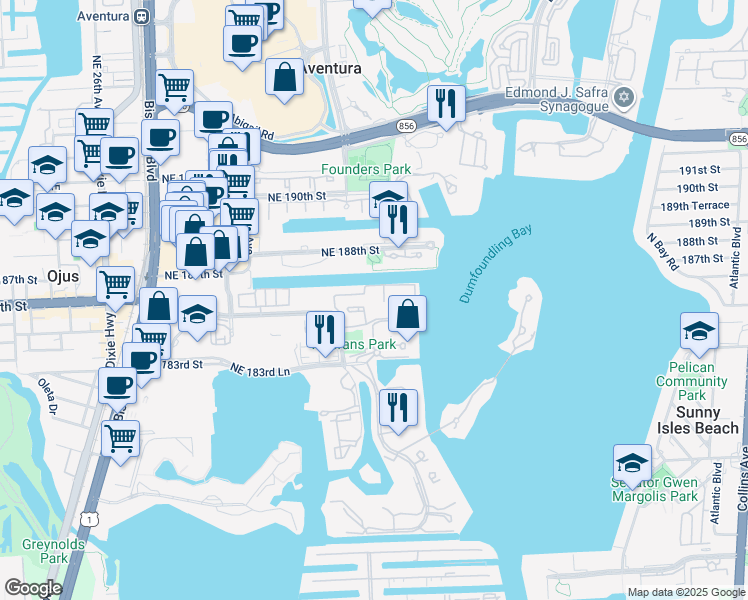 map of restaurants, bars, coffee shops, grocery stores, and more near 3215 Northeast 184th Street in Aventura