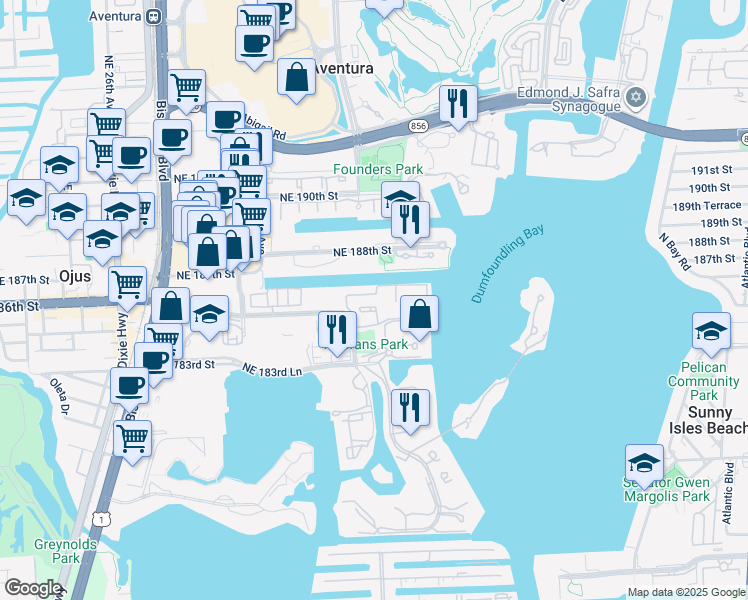 map of restaurants, bars, coffee shops, grocery stores, and more near 3215 Northeast 184th Street in Aventura