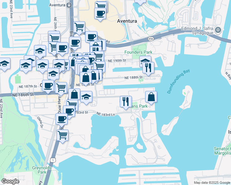 map of restaurants, bars, coffee shops, grocery stores, and more near 18480 Northeast 30th Avenue in Aventura