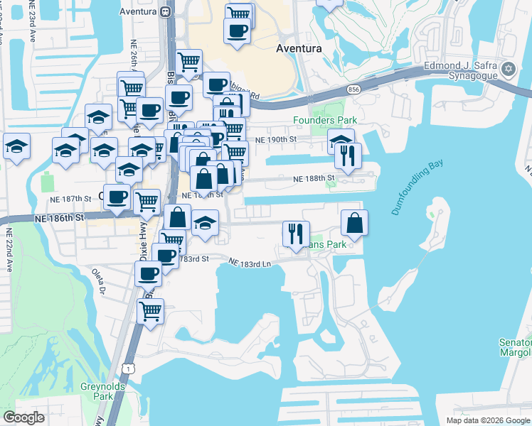 map of restaurants, bars, coffee shops, grocery stores, and more near 18480 Northeast 30th Avenue in Aventura