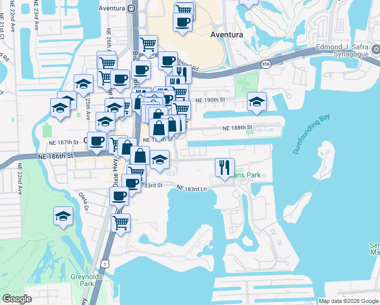 map of restaurants, bars, coffee shops, grocery stores, and more near 2104 Northeast 185th Street in Aventura