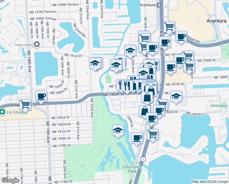 map of restaurants, bars, coffee shops, grocery stores, and more near 18550 Northeast 23rd Court in Miami