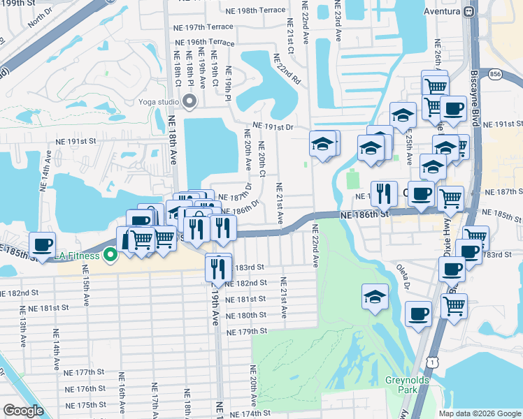 map of restaurants, bars, coffee shops, grocery stores, and more near 18540 Northeast 20th Court in North Miami Beach