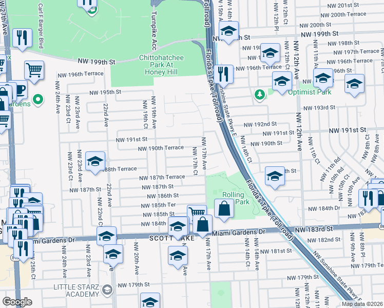 map of restaurants, bars, coffee shops, grocery stores, and more near 1730 Northwest 189th Terrace in Miami Gardens