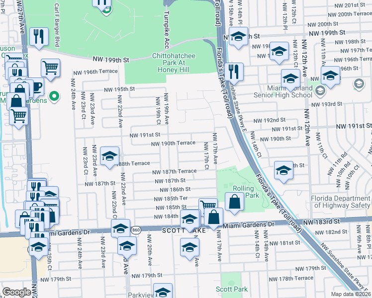 map of restaurants, bars, coffee shops, grocery stores, and more near 1810 Northwest 189th Terrace in Miami Gardens