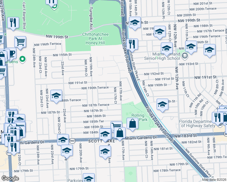 map of restaurants, bars, coffee shops, grocery stores, and more near 1730 Northwest 189th Terrace in Miami Gardens