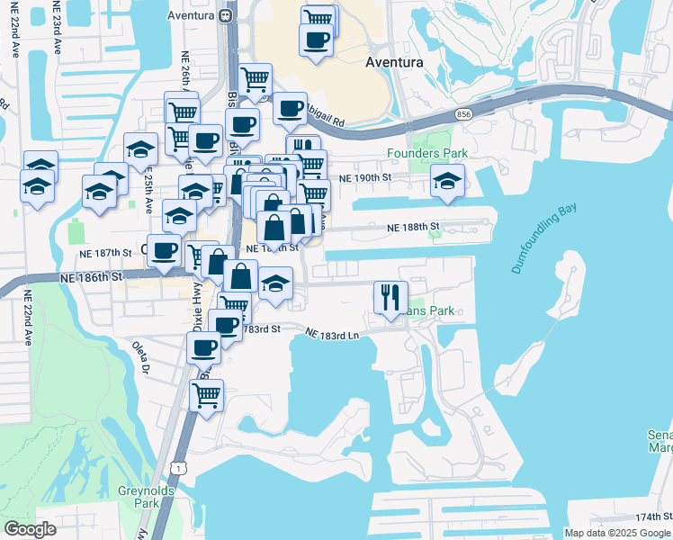 map of restaurants, bars, coffee shops, grocery stores, and more near 2961 Northeast 185th Street in Miami