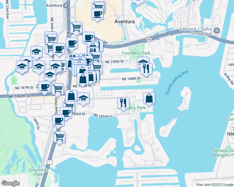 map of restaurants, bars, coffee shops, grocery stores, and more near 18480 Northeast 30th Avenue in Aventura