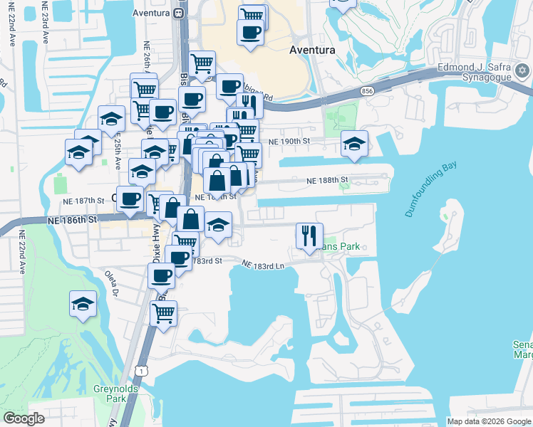 map of restaurants, bars, coffee shops, grocery stores, and more near 2104 Northeast 185th Street in Aventura