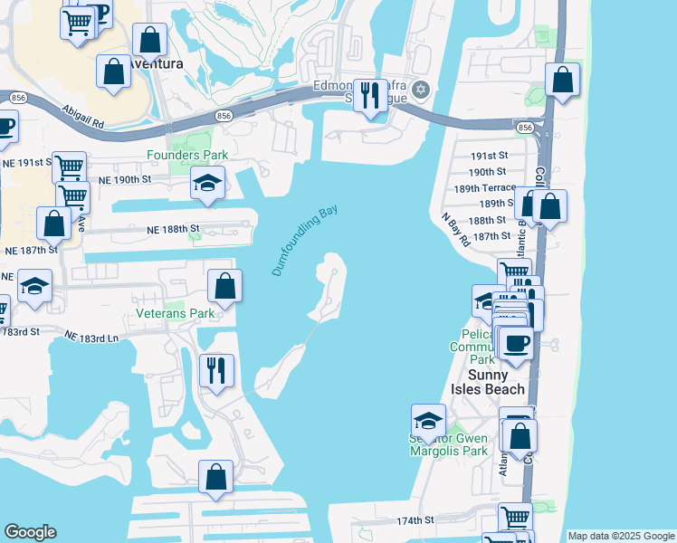 map of restaurants, bars, coffee shops, grocery stores, and more near 5500 Island Estates Drive in Aventura