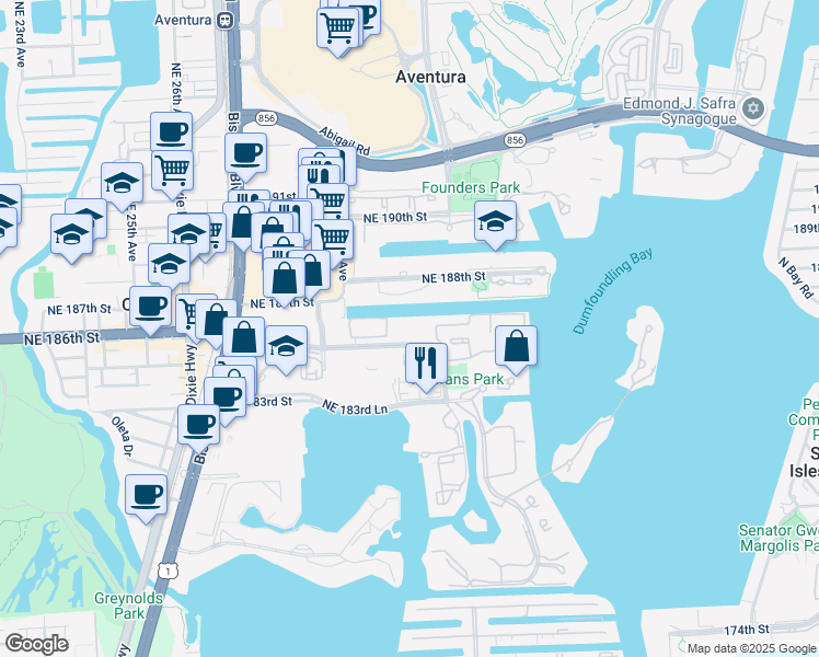map of restaurants, bars, coffee shops, grocery stores, and more near 18480 Northeast 30th Avenue in Aventura