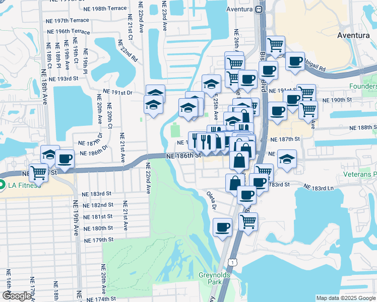 map of restaurants, bars, coffee shops, grocery stores, and more near 2375 Northeast 186th Street in Miami
