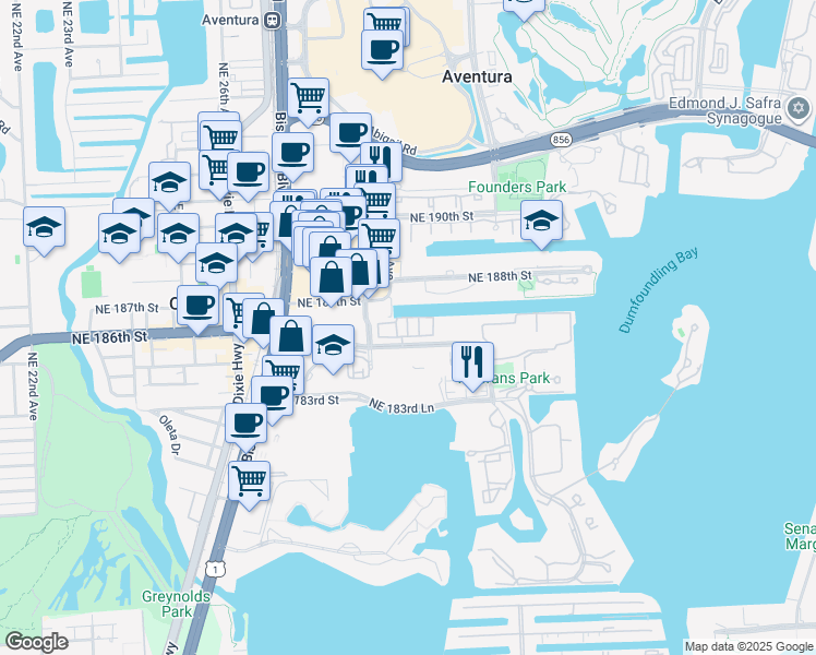 map of restaurants, bars, coffee shops, grocery stores, and more near 2104 Northeast 185th Street in Aventura