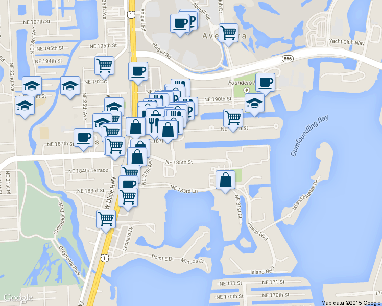 map of restaurants, bars, coffee shops, grocery stores, and more near 2104 Northeast 185th Street in Aventura