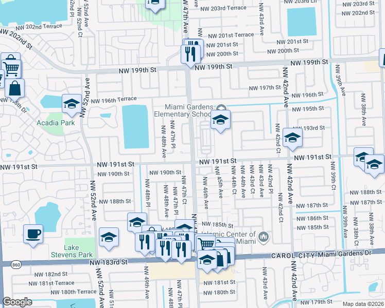 map of restaurants, bars, coffee shops, grocery stores, and more near in Miami Gardens