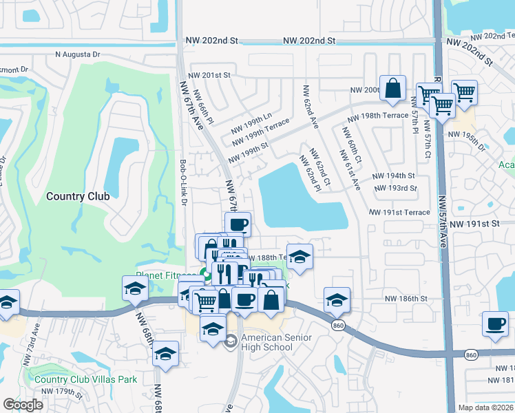 map of restaurants, bars, coffee shops, grocery stores, and more near 19121 Northwest 64th Court in Hialeah