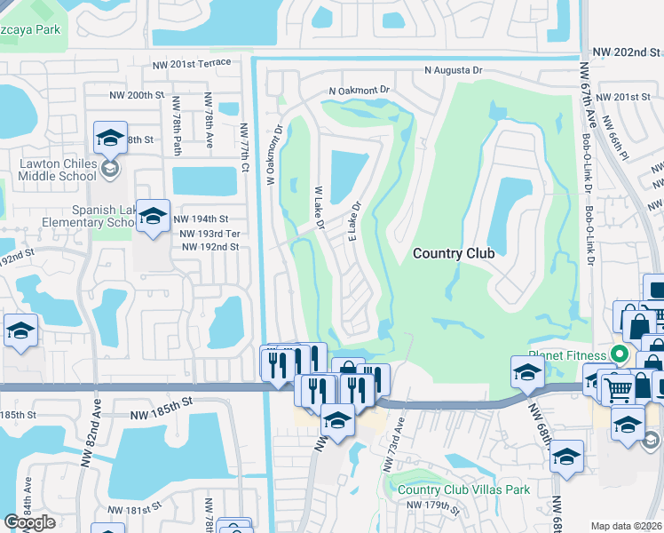 map of restaurants, bars, coffee shops, grocery stores, and more near 19028 West Lake Drive in Hialeah