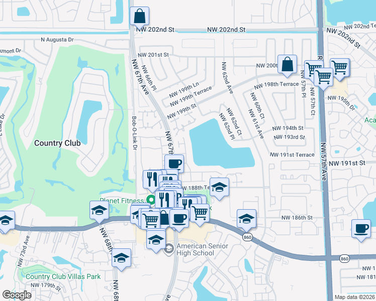 map of restaurants, bars, coffee shops, grocery stores, and more near 19121 Northwest 64th Court in Hialeah