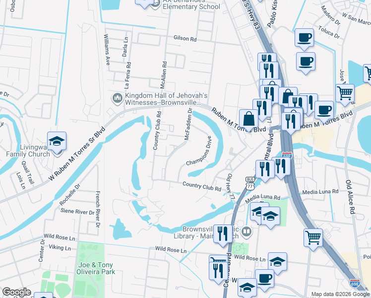 map of restaurants, bars, coffee shops, grocery stores, and more near 416 Champions Drive in Brownsville