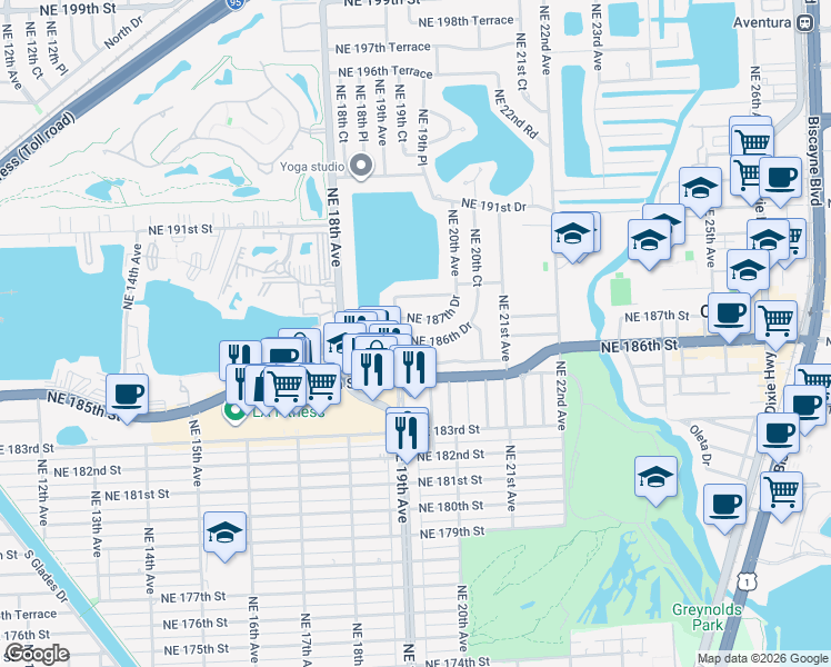 map of restaurants, bars, coffee shops, grocery stores, and more near 1900 Northeast 186th Drive in North Miami Beach