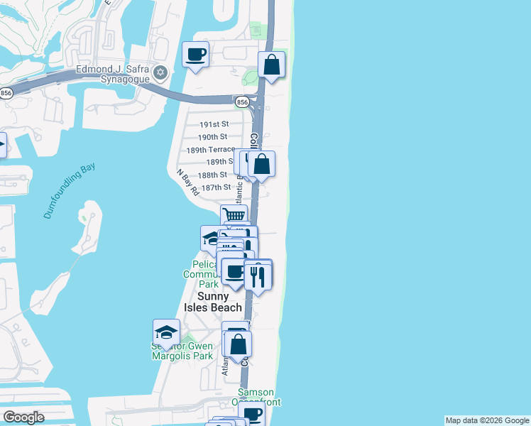 map of restaurants, bars, coffee shops, grocery stores, and more near 18401 Collins Avenue in Sunny Isles Beach