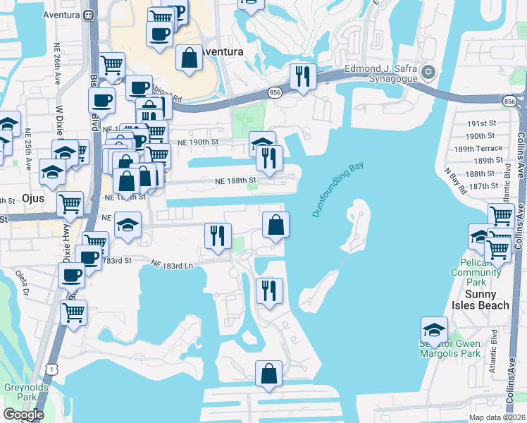 map of restaurants, bars, coffee shops, grocery stores, and more near 3255 Northeast 184th Street in Aventura