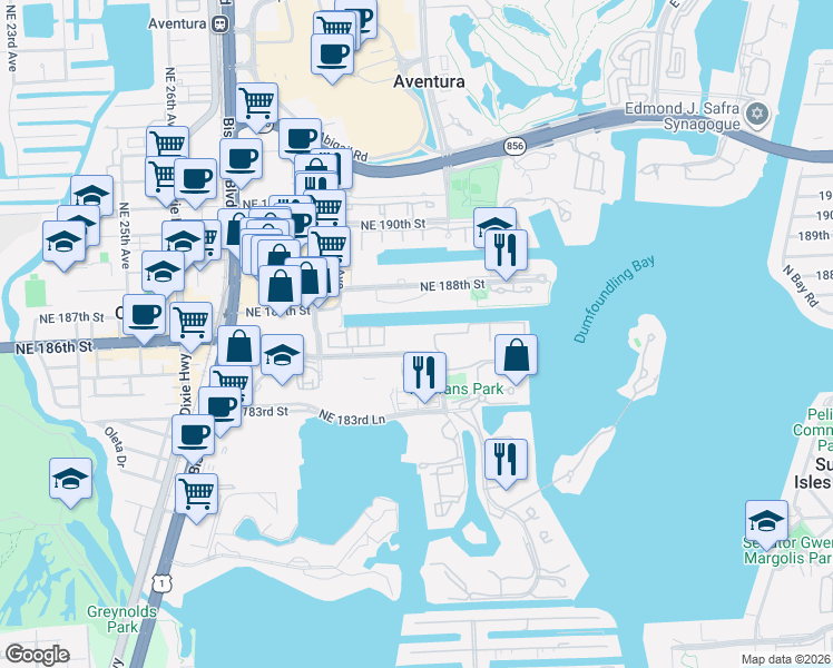 map of restaurants, bars, coffee shops, grocery stores, and more near 3115 Northeast 184th Street in Aventura