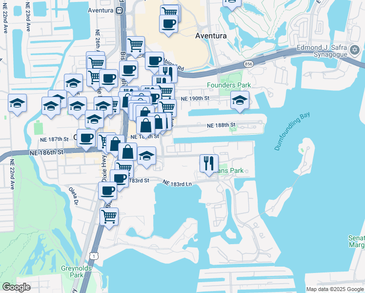 map of restaurants, bars, coffee shops, grocery stores, and more near 2104 Northeast 185th Street in Aventura