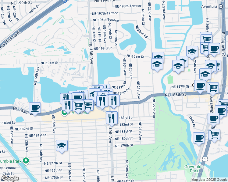 map of restaurants, bars, coffee shops, grocery stores, and more near 1900 Northeast 186th Drive in North Miami Beach
