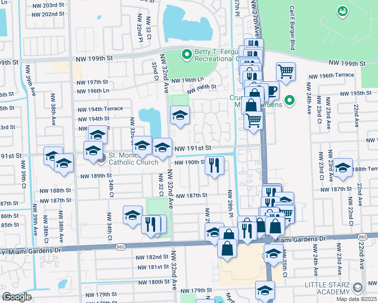 map of restaurants, bars, coffee shops, grocery stores, and more near 2981 Northwest 190th Street in Miami Gardens