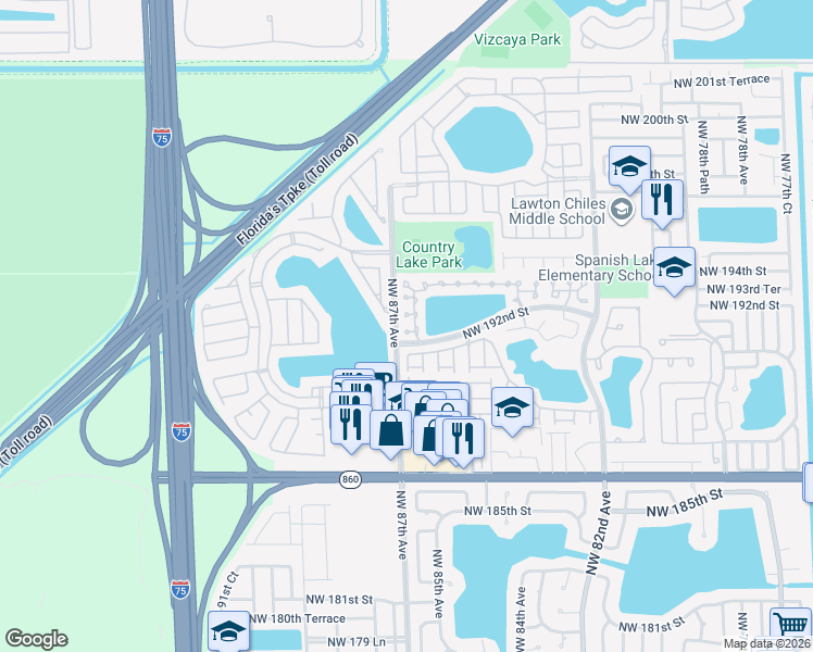 map of restaurants, bars, coffee shops, grocery stores, and more near 8571 Northwest 191st Street in Hialeah