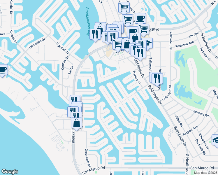 map of restaurants, bars, coffee shops, grocery stores, and more near 401 Edgewater Court in Marco Island