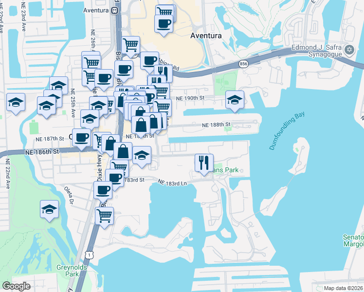 map of restaurants, bars, coffee shops, grocery stores, and more near 2104 Northeast 185th Street in Aventura