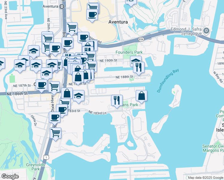 map of restaurants, bars, coffee shops, grocery stores, and more near 3001 Northeast 185th Street in Miami