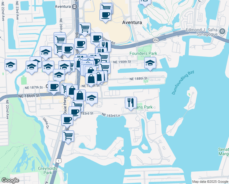 map of restaurants, bars, coffee shops, grocery stores, and more near 2104 Northeast 185th Street in Aventura