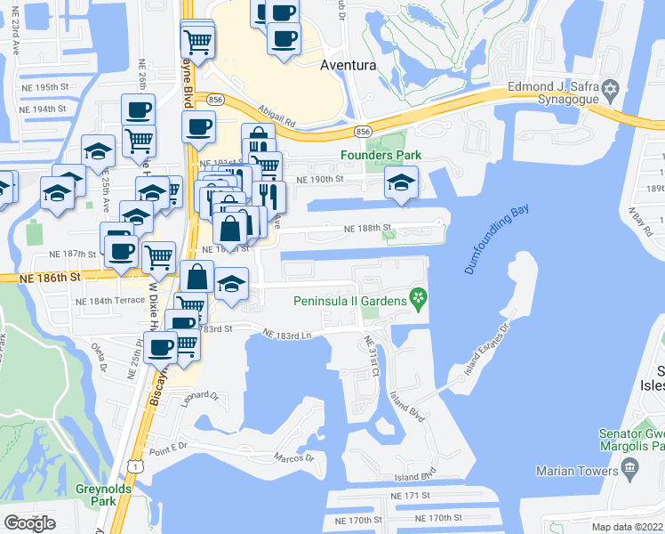 map of restaurants, bars, coffee shops, grocery stores, and more near 18480 Northeast 30th Avenue in Aventura