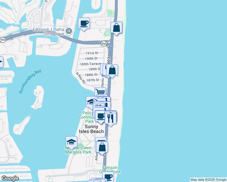 map of restaurants, bars, coffee shops, grocery stores, and more near 18401 Collins Avenue in Sunny Isles Beach