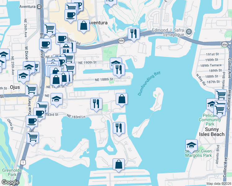 map of restaurants, bars, coffee shops, grocery stores, and more near 3255 Northeast 184th Street in Aventura