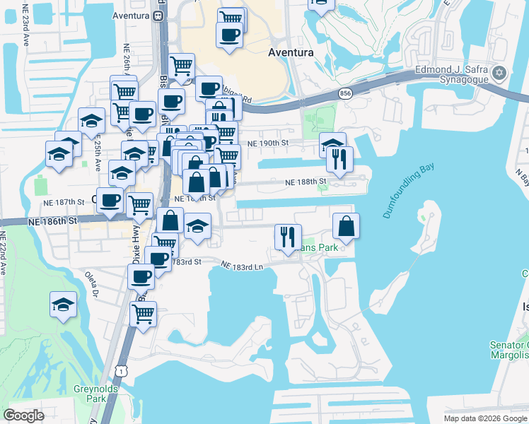 map of restaurants, bars, coffee shops, grocery stores, and more near 18480 Northeast 30th Avenue in Aventura